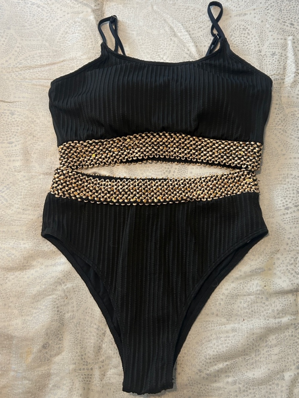 Women’s Black Two Piece Ribbed Swimsuit with Gold Sequin Band Accents
